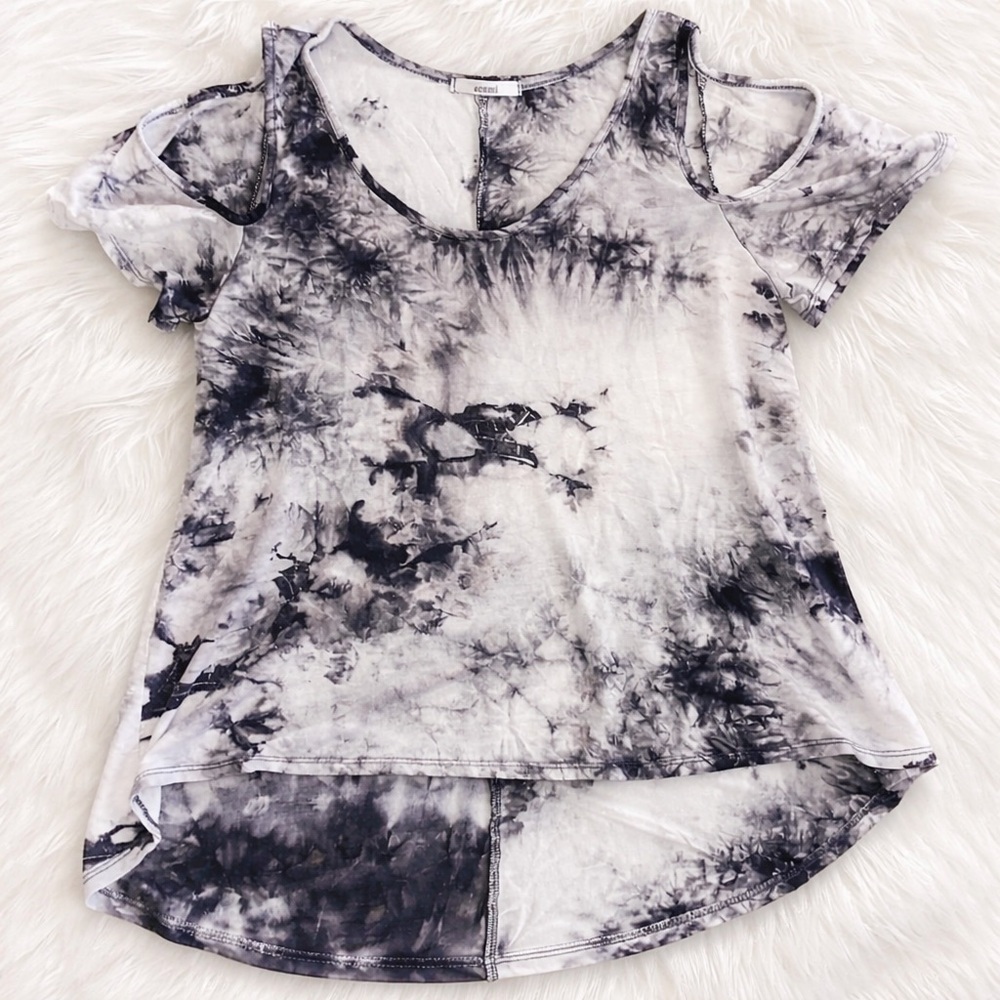 Acemi Medium Black White Tie Dye Cold Shoulder Top Boho Casual Soft Tee M